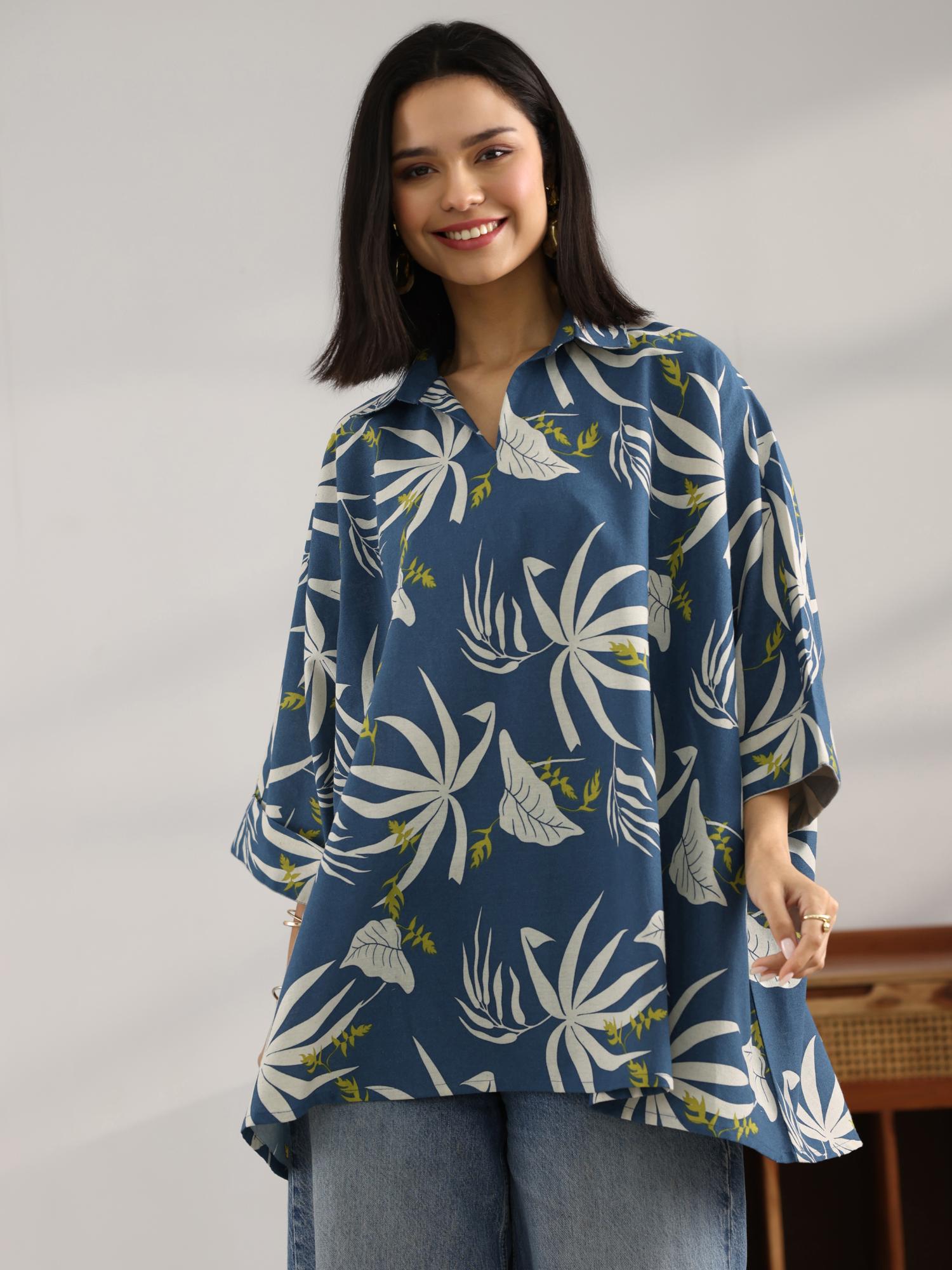 libas Blue Floral Printed Kimono Sleeves A-Line Tunic-picture-14
