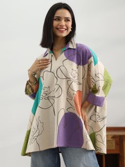 Libas - Off White Abstract Kimono Sleeves A-Line Tunic