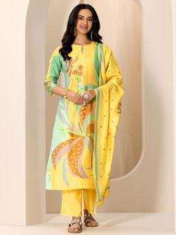 Libas - Yellow Floral Printed Straight Kurta & Solid Palazzo with Printed Dupatta