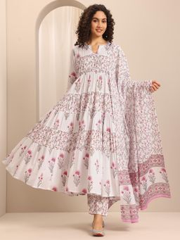 Libas - Off White Floral Printed Panelled Anarkali with Pant & Dupatta