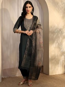 Libas - Blue Zari Embellished Yoke Design Kurta with Salwar & Dupatta (3XL)