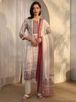 Libas - Off White Floral Printed Straight Kurta with Pant & Dupatta (3XL)
