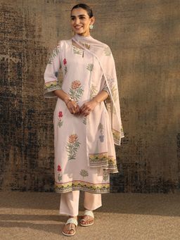 Libas - White Floral Motifs Printed Straight Kurta with Pant & Dupatta (3XL)