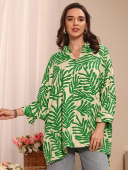 Libas - Green Tropical Printed Kimono Sleeves A-Line Tunic (XS)