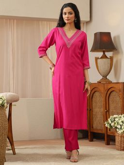 Libas - Pink Zari Striped Straight Kurta with Pocket