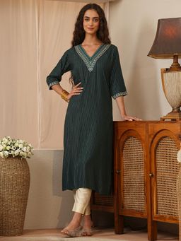 Libas - Teal Zari Striped Straight Kurta with Pocket