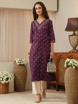 Libas - Purple Ethnic Motif Woven Design Straight Kurta