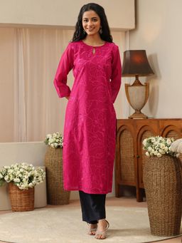 Libas - Pink Floral Embroidered Straight Kurta