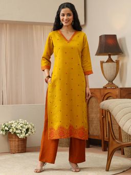 Libas - Mustard Ethnic Motif Thread Work Embroidered Straight Kurta