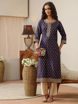 Libas - Purple Ethnic Motif Zari Woven Design Straight Kurta