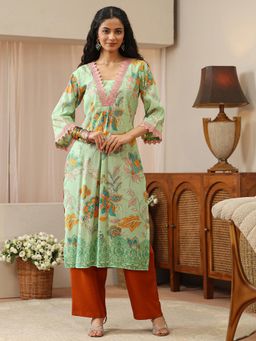 Libas - Green Floral Printed Front Pleats Straight Kurta