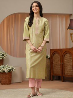 Libas - Green Floral Embroidered Straight Kurta with Pocket