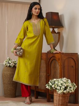 Libas - Lime Green Ethnic Motif Embroidered Straight Kurta