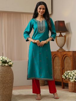 Libas - Teal Ethnic Motif Embroidered Straight Kurta