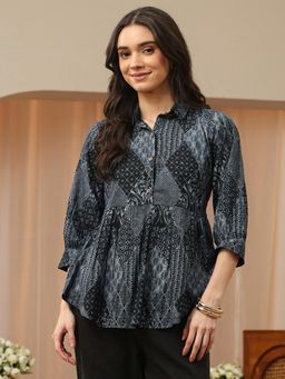 Libas - Charcoal Grey Ethnic Motif Printed Pleated Tunic
