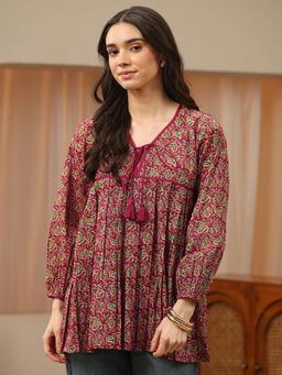 Libas - Pink Paisley Printed Pleated A-Line Tunic