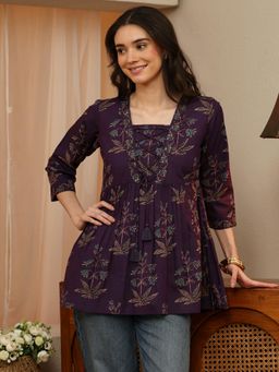 Libas - Purple Floral Printed Pleated A-Line Tunic