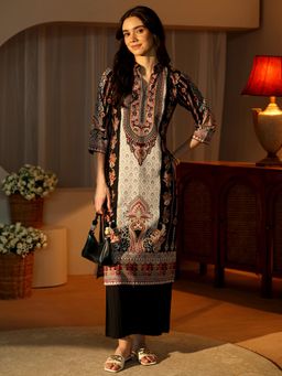Libas - Black Floral Printed Straight Kurta