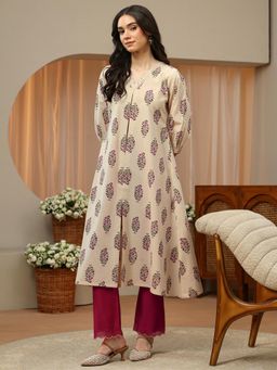 Libas - Pink Floral Printed Front Pleat A-Line Kurta