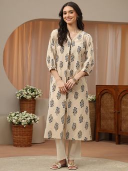 Libas - Blue Floral Printed Front Pleat A-Line Kurta