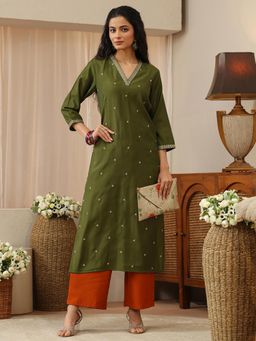 Libas - Green Zari Embroidered Straight Kurta with Pocket
