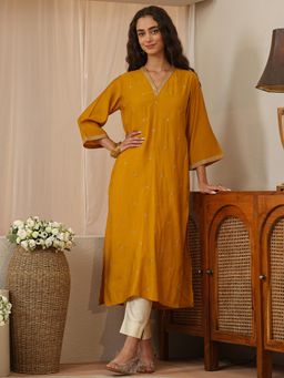 Libas - Mustard Zari Embroidered Straight Kurta with Pocket