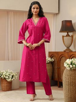 Libas - Pink Zari Embroidered Straight Kurta with Pocket