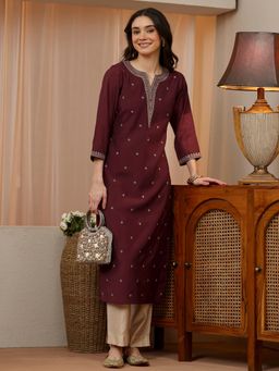 Libas - Maroon Zari Embroidered Straight Kurta with Pocket
