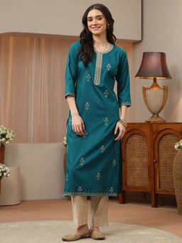 Libas - Blue Floral Zari Embroidered Straight Kurta with Pocket