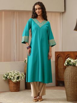 Libas - Blue Floral Yoke Zari Embroidered A-Line Kurta