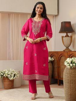 Libas - Pink Floral Zari Embroidered Straight Kurta