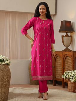 Libas - Pink Floral Zari Embroidered Straight Kurta with Pocket