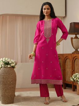 Libas - Pink Ethnic Motif Zari Embroidered Straight Kurta