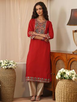 Libas - Red Floral Embroidered Yoke Design Straight Kurta