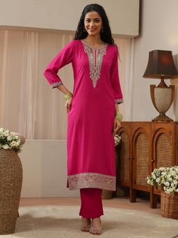 Libas - Pink Paisley Yoke Embroidered Straight Kurta with Pocket