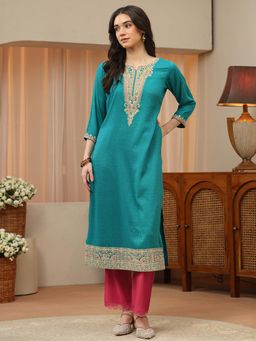 Libas - Blue Paisley Yoke Embroidered Straight Kurta with Pocket