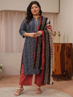 Extra love by Libas - Blue Printed Straight Kurta with Pant & Dupatta