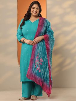 Extra love by Libas - Plus Size Blue Zari Embroidered Straight Kurta with Pant & Dupatta