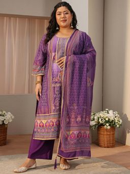 Extra love by Libas - Plus Size Purple Printed Straight Kurta with Pant & Dupatta
