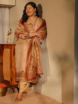Extra love by Libas - Plus Size Beige Yoke Design Kurta with Pant & Dupatta