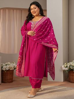 Extra love by Libas - Pink Embroidered Yoke Design Kurta with Salwar & Dupatta