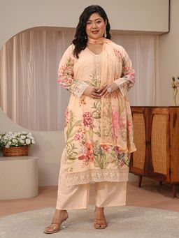 Extra love by Libas - Plus Size Peach Floral Printed Schiffli Kurta with Palazzo & Dupatta