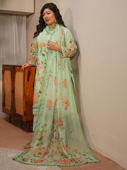 Extra love by Libas - Plus Size Green Floral Printed Schiffli Kurta with Palazzo & Dupatta