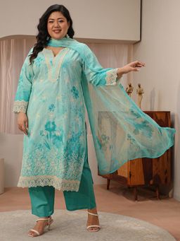 Extra love by Libas - Plus Size Blue Embroidered Schiffli Kurta with Pant & Dupatta