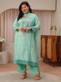 Extra love by Libas - Plus Size Blue Ethnic Motif Straight Kurta with Pant & Dupatta