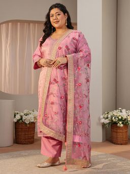 Extra love by Libas - Plus Size Sea Green Ethnic Straight Kurta with Pant & Dupatta