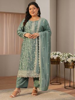 Extra love by Libas - Green Floral Embroidered Straight Kurta with Pant & Dupatta