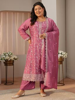 Extra love by Libas - Pink Floral Embroidered Straight Kurta with Pant & Dupatta