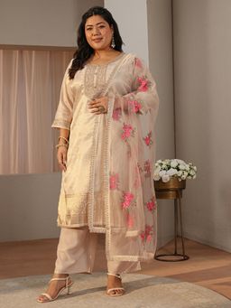 Extra love by Libas - Plus Size Sea Green Ethnic Straight Kurta with Pant & Dupatta