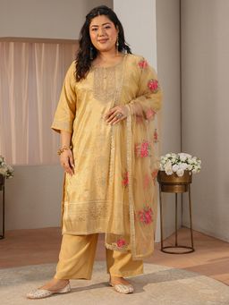 Extra love by Libas - Plus Size Yellow Floral Woven Design Straight Kurta with Pant & Dupatta